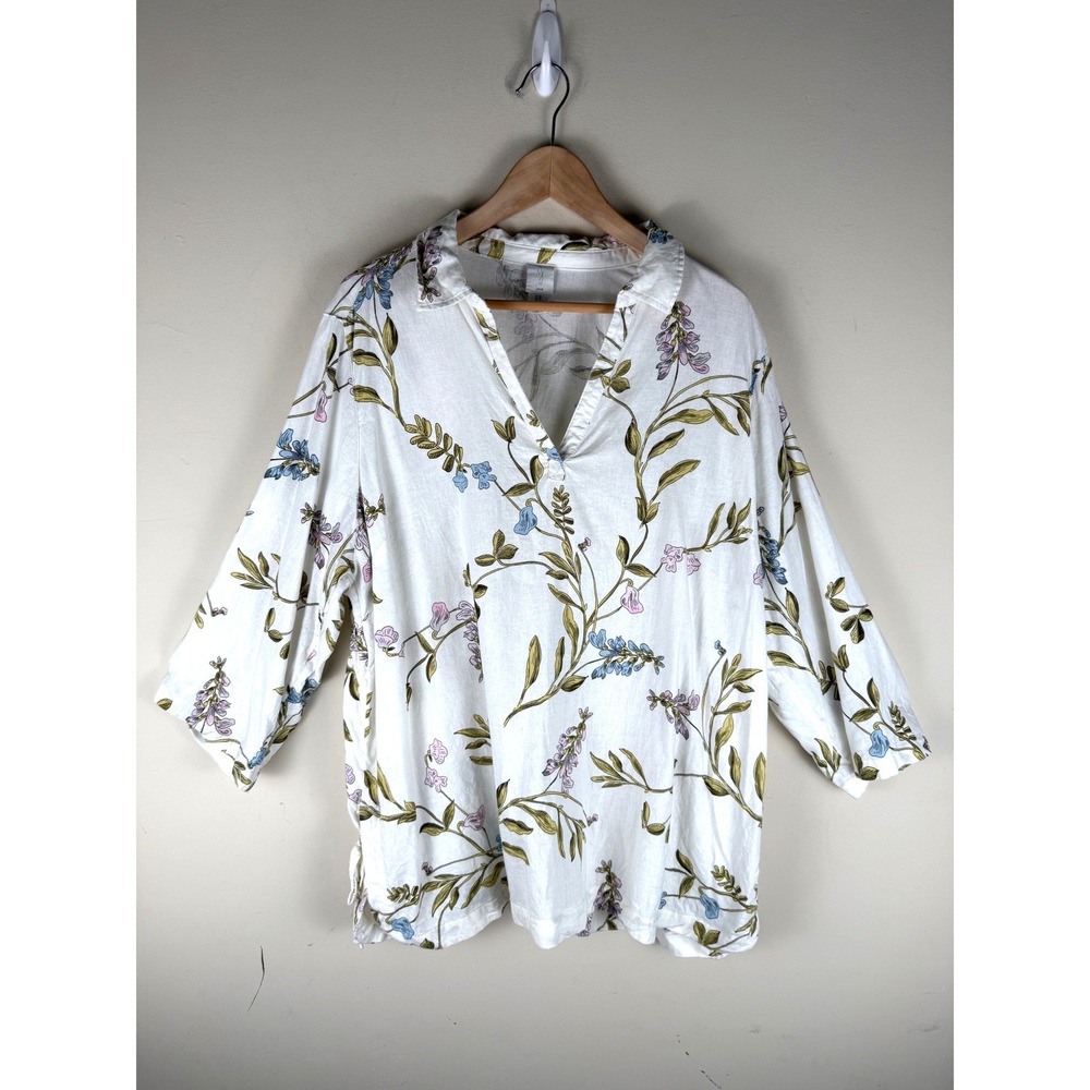 JOIE Women's Floral V-Neck 3/4 Sleeve Blouse Linen Blend Size 2X  Cottagecore